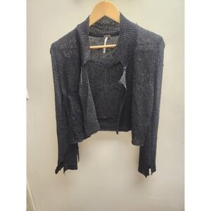 Free People Sparkle Embellished Cropped Jacket Black Beaded Fringe Womens